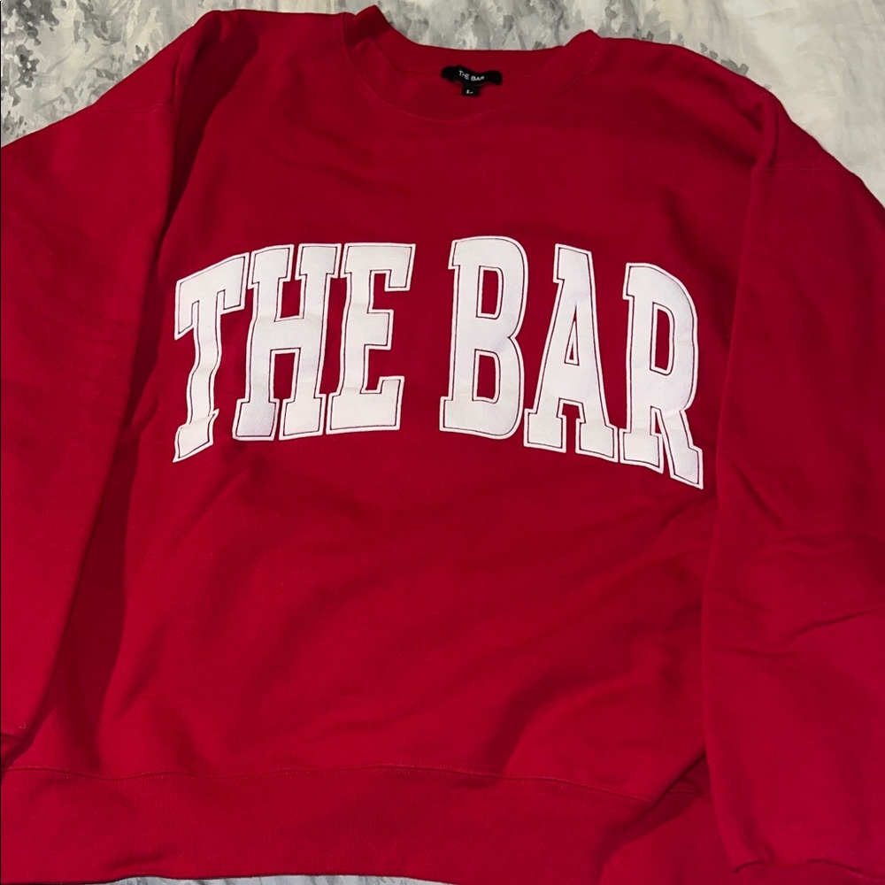 The Bar Varsity Sweatshirt. Ruby/Red. Large. Women's Crew Neck Sweater